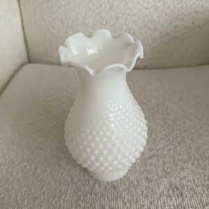 Vintage White Milk Glass Hobnail Vase | Ruffled Rim Cottagecore Shabby Chic deco